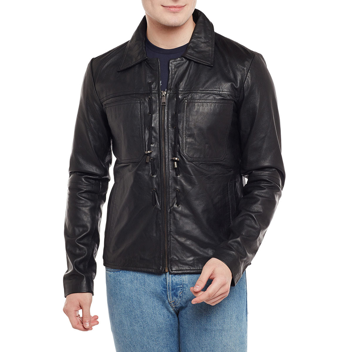 Threaded Design Black Leather Jacket For Men