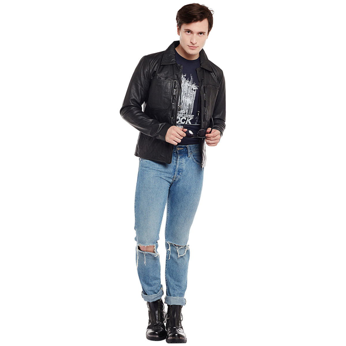 Threaded Design Black Leather Jacket For Men