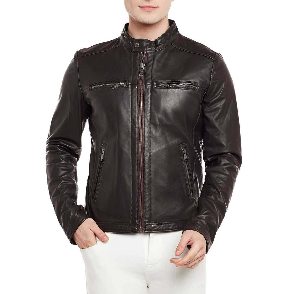Bareskin Men's Dark Brown Ban Collar Dual Zip Leather Jacket