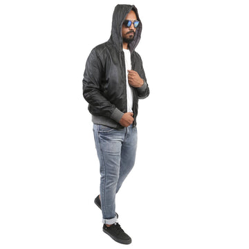 Bareskin Men's Grey Rib With Hoodie Style Black Leather Jacket