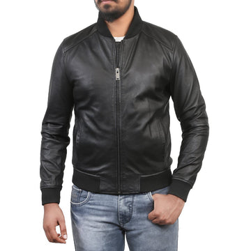 Ribbed Style Leather Bomber Jacket For Men