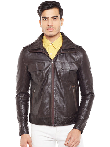 Brown Genuine Leather Double Collar Slim-Fit Jacket For Men