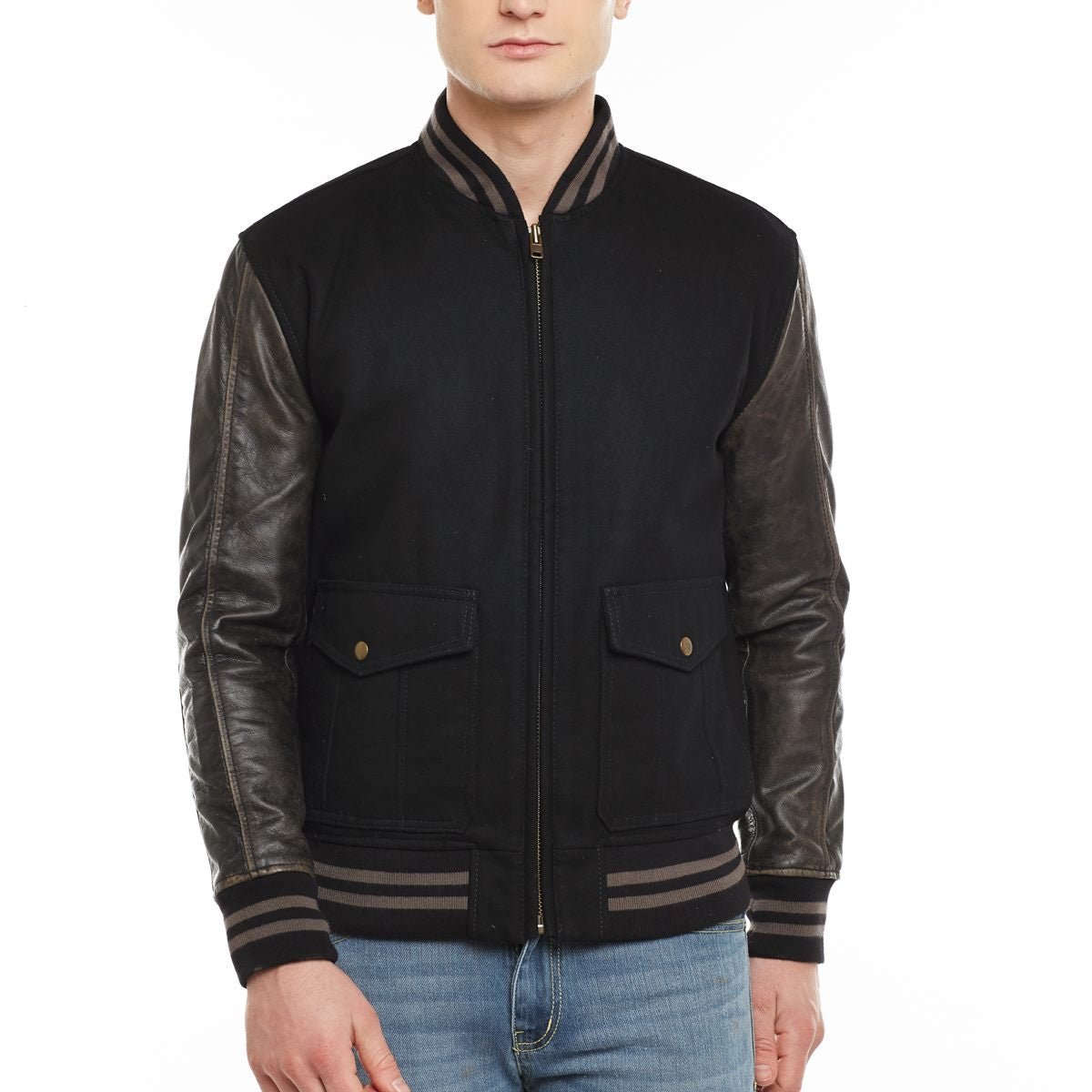 Men'S Front Flap Pocket Black Woolen Rib Jacket