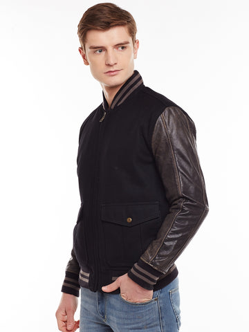 Men'S Front Flap Pocket Black Woolen Rib Jacket