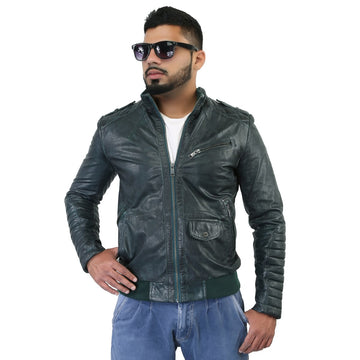 Green Quilted Shoulder Design Leather Biker Jacket