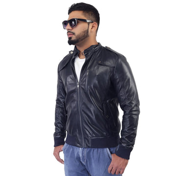 Men'S Navy Color Band Collar Genuine Leather Biker Jacket