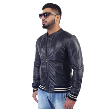 Bareskin Blue Racing Style Ribbed Men's Leather Jacket