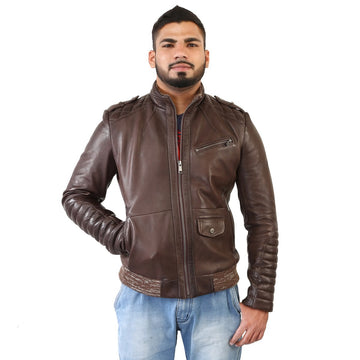 Bareskin Men's Dark Brown Quilted Stitched Racing Leather Jacket