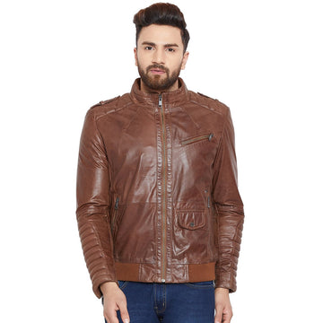 Bareskin Men's Brown Quilted Stitched Racing Leather Jacket