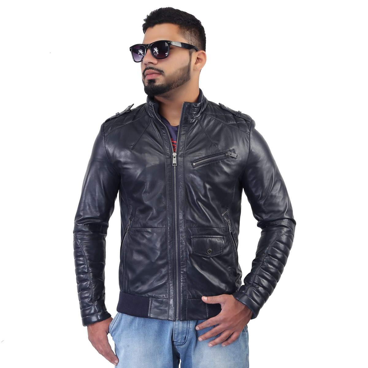 Bareskin Men's Navy Quilted Details Genuine Leather Biker Jacket
