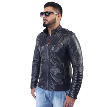 Bareskin Men's Navy Quilted Details Genuine Leather Biker Jacket