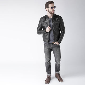 Men's Black Leather Classic Slim Fit Chest Pocket Jacket