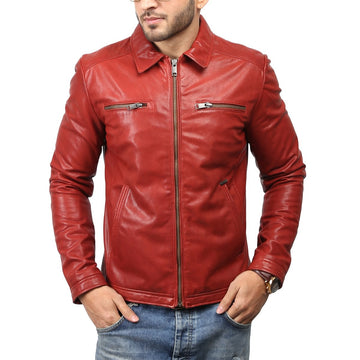 Red Spread Collar Men Classic Leather Jacket By Bareskin