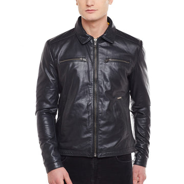 Blue Club Collar Men Leather Jacket By Bareskin
