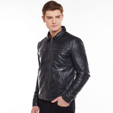 Blue Club Collar Men Leather Jacket By Bareskin
