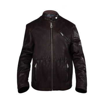 Modern Look Dark Brown Leather Jacket Buckle Style Ban Collar Zip Closure By Brune & Bareskin