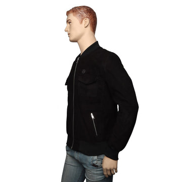 Men's Black Suede Leather Jacket with Rib Multi Pockets Design by Brune & Bareskin