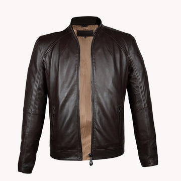 Ban Neck Collar Men's Leather Jacket Classic Dark Brown Color Front Zipper Pockets By Brune & Bareskin