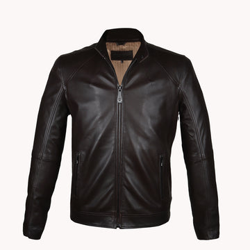 Ban Neck Collar Men's Leather Jacket Classic Dark Brown Color Front Zipper Pockets By Brune & Bareskin