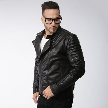 Black Arm Padded Men Biker Leather Jacket By Bareskin