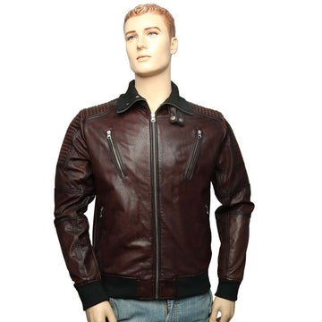 Dark Brown Leather Contrasting Woven Collar Bomber Jacket By Brune & Bareskin