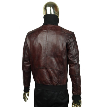 Dark Brown Leather Contrasting Woven Collar Bomber Jacket By Brune & Bareskin