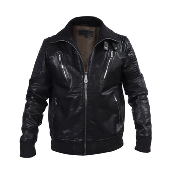 Black Leather Contrasting Woven Collar Bomber Leather Jackets By Brune & Bareskin