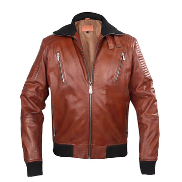 Tan Leather Contrasting Woven Collar Bomber Jacket By Brune & Bareskin