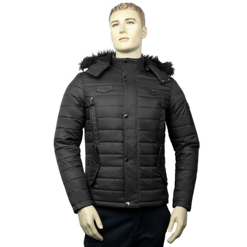 Men's Fur Hoodie Black Puffer Genuine Leather Trim Jacket by Brune & Bareskin