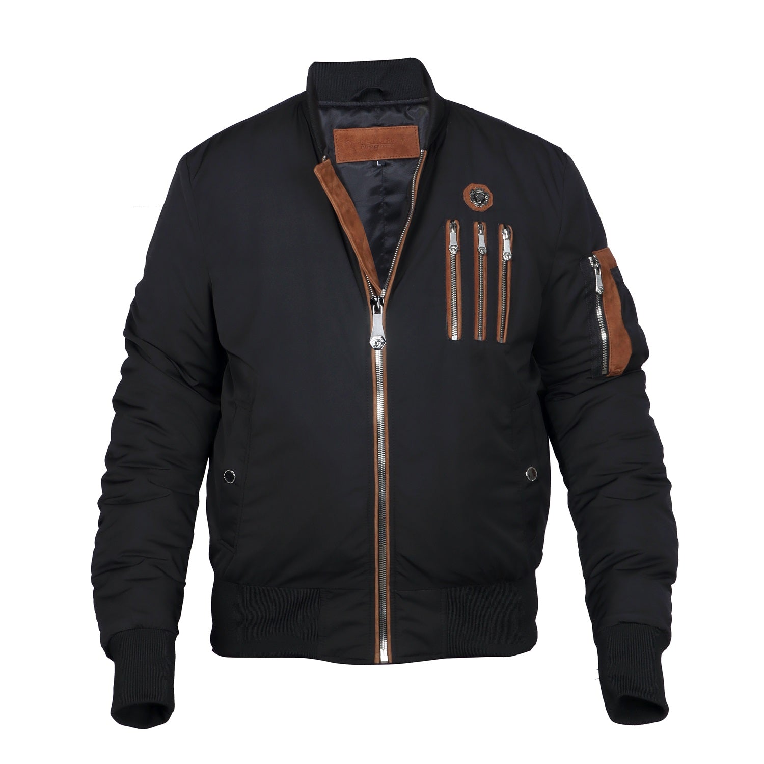 Black Contrasting Tan Puffer Bomber Jacket Tri-Zip Pockets with Standing Collar by Brune & Bareskin
