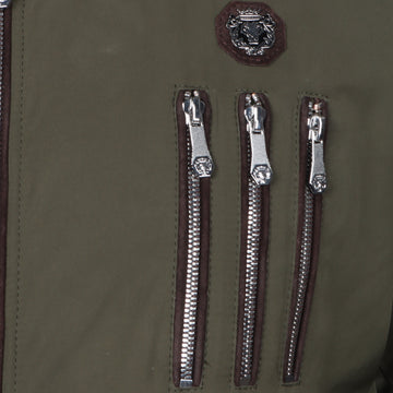 Tri-Zip Pockets Standing Collar Green Contrasting Dark Brown Puffer Bomber Jacket by Brune & Bareskin