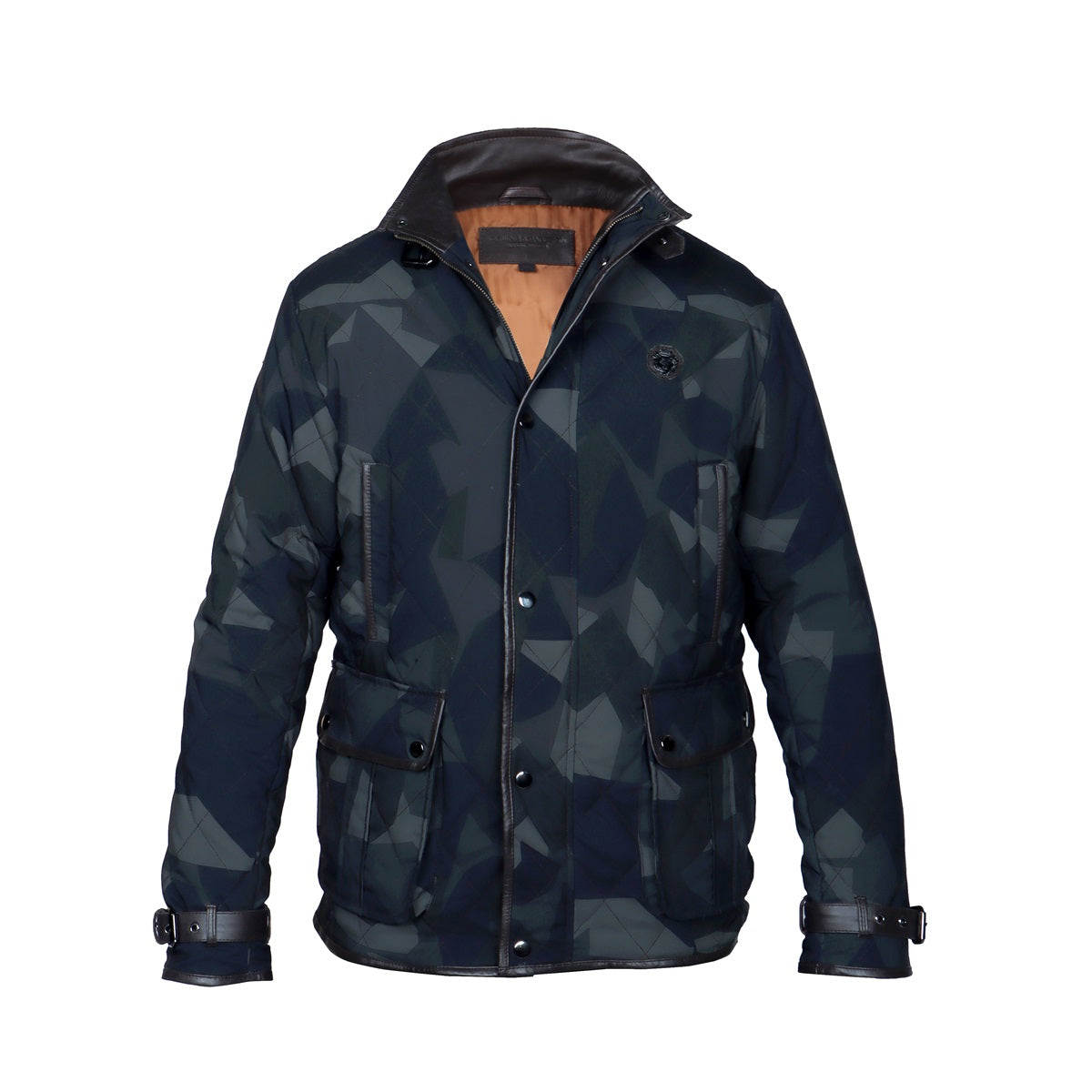 Contrasting Camo Blue Diamond Stitched Button Zip Closure Puffer Jacket For Men By Brune & Bareskin