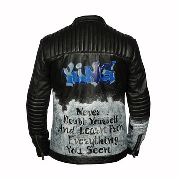 Hand Painted Star King Design Black Linear Padded Leather Biker Jacket For Men by Brune & Bareskin