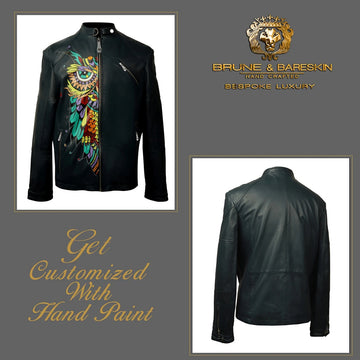 Hand-painted Suger-skull Owl Smokey Blue Leather Jacket By Brune & Bareskin