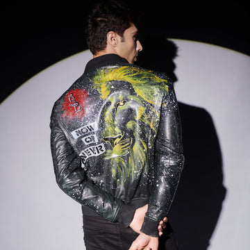 Men's Black Handmade Leather Jacket Half Colorful lion face abstract Painted By Brune & Bareskin