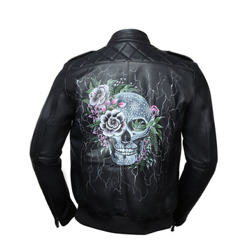 Hand-Painted Skull Design Black Quilted Shoulder Leather Biker Jacket By Brune & Bareskin