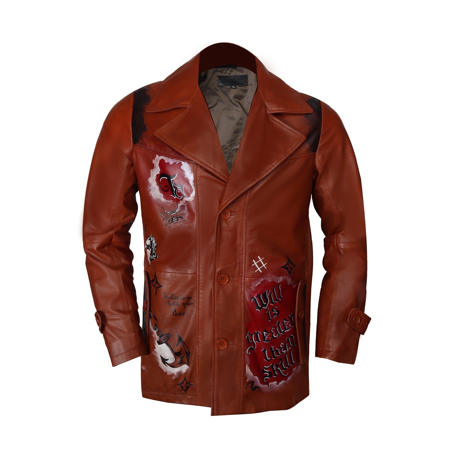 Hand Painted "Will-Skill" Multi-Color Quoted Tan Leather Jacket Coat By Brune & Bareskin