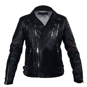 Hand-Painted "BHEDIYA"(WOLF) Black Dual Buckle Zip Closure Leather Jacket By Brune & Bareskin