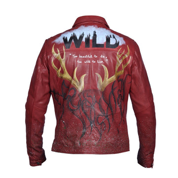 Forest Inspired Deer Horns Multi-Color Quoted Wine Hand Painted Leather Jackets By Brune & Bareskin