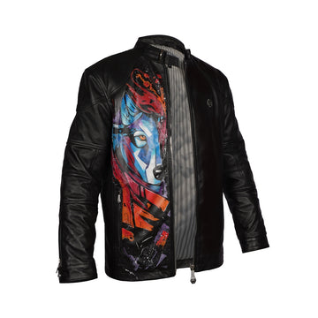 Hand Painted Wolf Half Face Zipper Pockets Black Leather Jacket For Men By Brune & Bareskin