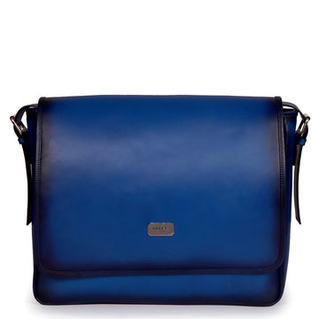 Hand-Painted Blue Leather Flap-Over Silver Finish Messenger Bag By Brune & Bareskin