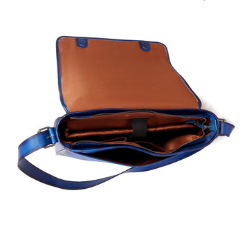 Hand-Painted Blue Leather Flap-Over Silvere Finish Messenger Bag By Brune & Bareskin