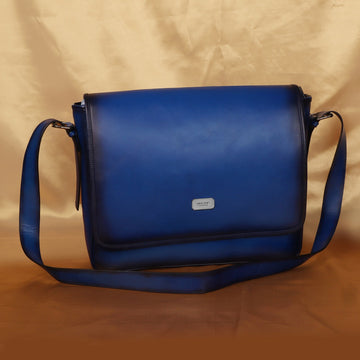 Hand-Painted Blue Leather Flap-Over Silver Finish Messenger Bag By Brune & Bareskin