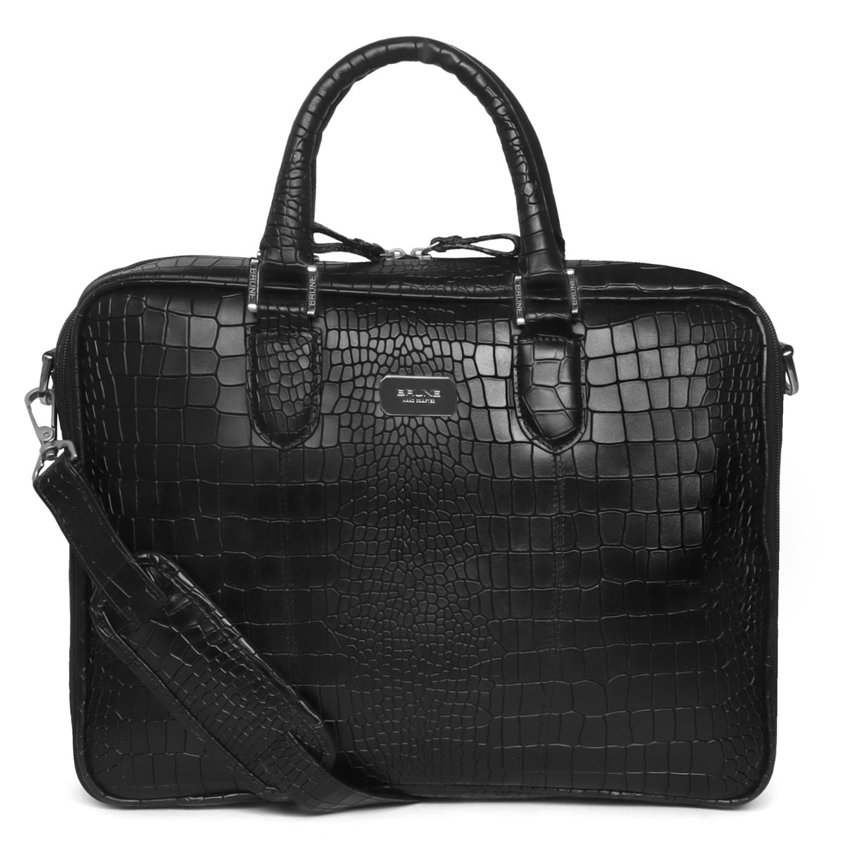 Black Deep Cut Textured Leather Laptop/Office Bag with Silver Accessories By Brune & Bareskin