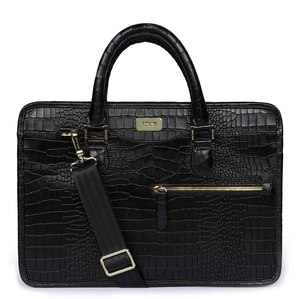 Efficient Laptop Briefcase Black Croco Leather Bag for Work and Travel by Brune & Bareskin