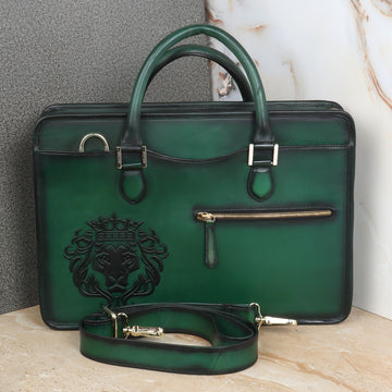 Embossed Lion Logo Classic Green Leather Laptop Briefcase By Brune & Bareskin