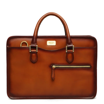 Tan Classic Genuine Leather Laptop Office Briefcase With Golden Accessory By Brune & Bareskin