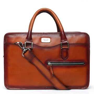 Tan Classic Genuine Leather Laptop Briefcase With Silver Accessories By Brune & Bareskin