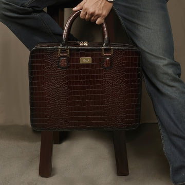 Stylish Dark Brown Laptop Briefcase in Cut Croco Leather