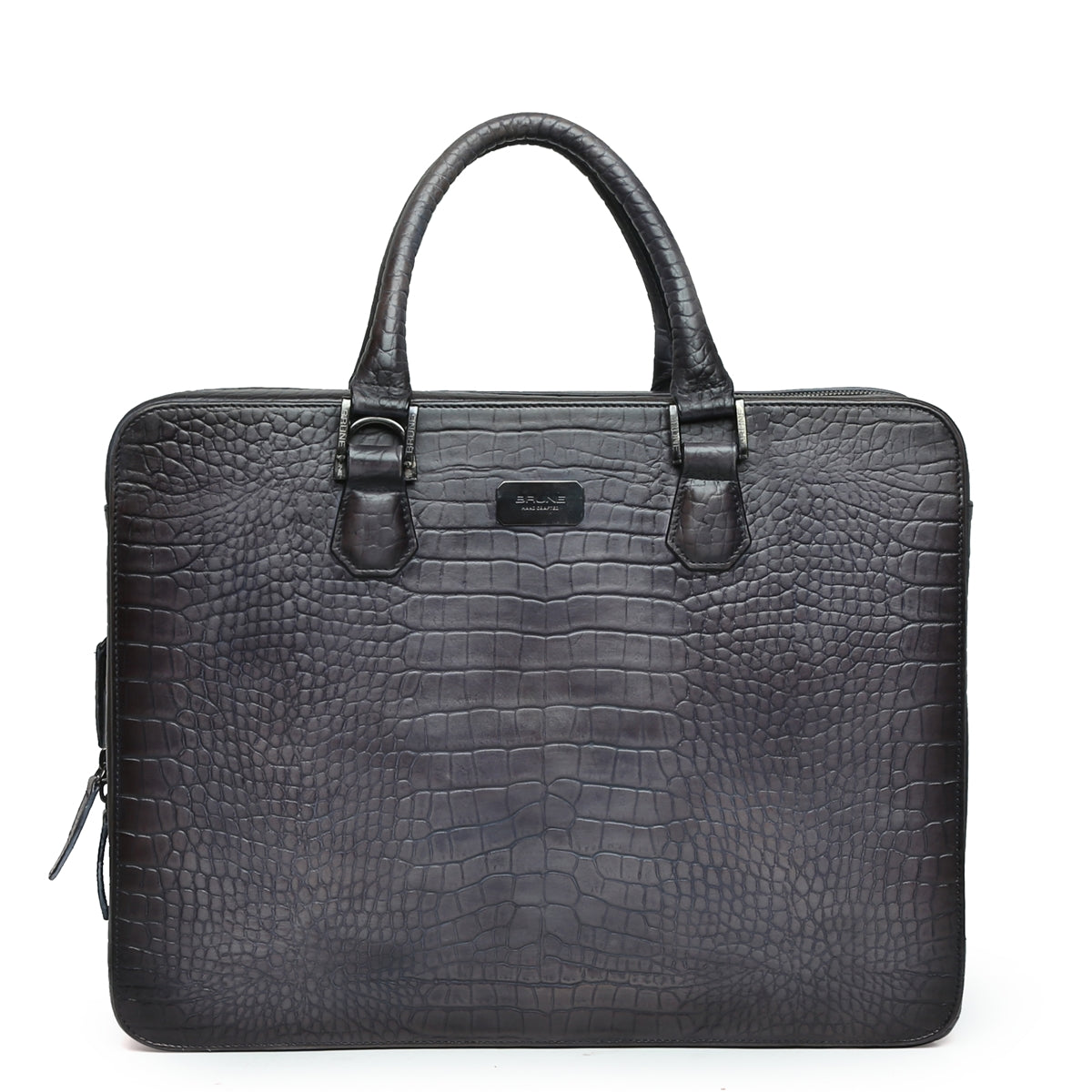 Grey Laptop Briefcase in Cut Croco Leather with Organizer Compartment